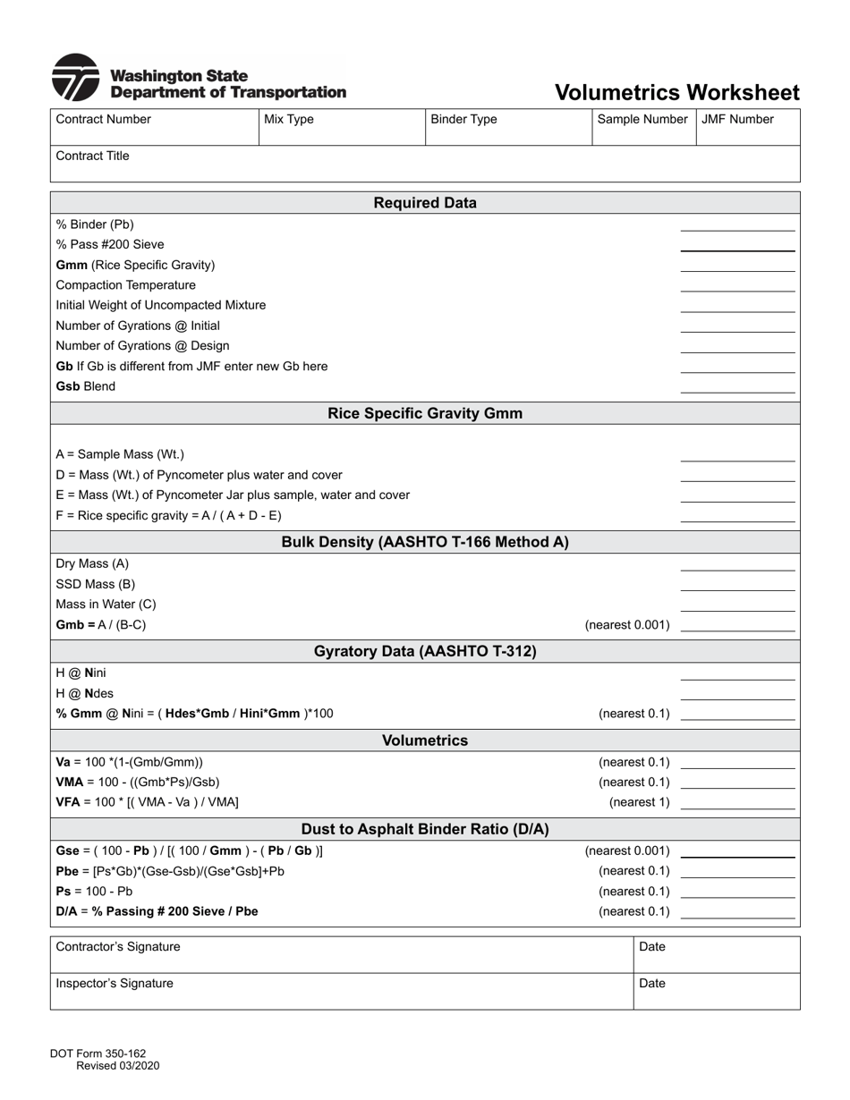 DOT Form 350-162 Volumetrics Worksheet - Washington, Page 1