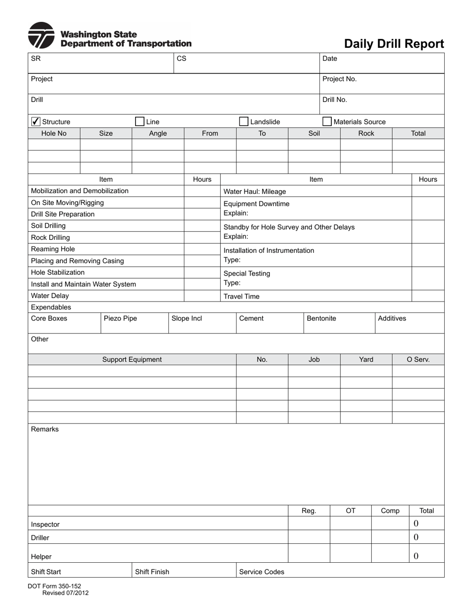 DOT Form 350-152 Daily Drill Report - Washington, Page 1