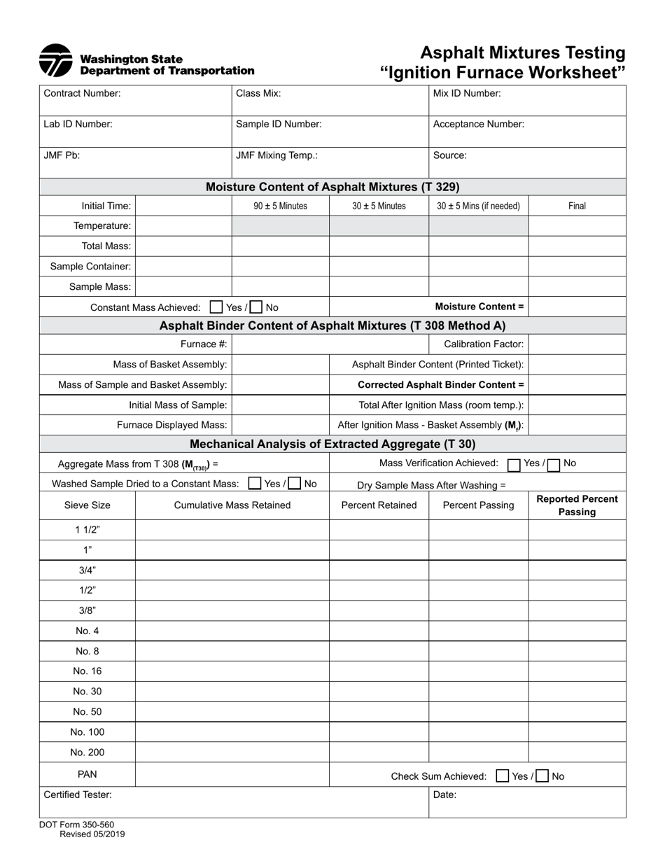 DOT Form 350-560 Asphalt Mixtures Testing Ignition Furnace Worksheet - Washington, Page 1
