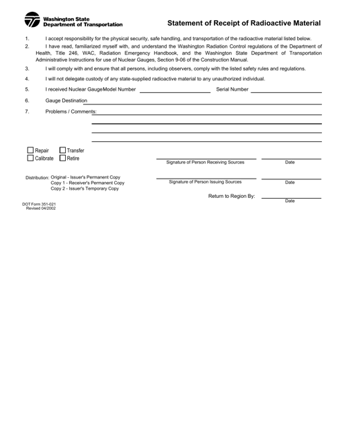 DOT Form 351-021 Statement of Receipt of Radioactive Material - Washington