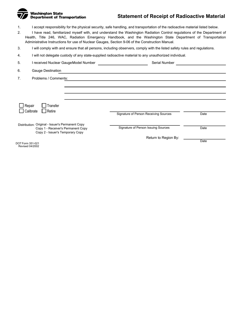 DOT Form 351-021 Statement of Receipt of Radioactive Material - Washington, Page 1