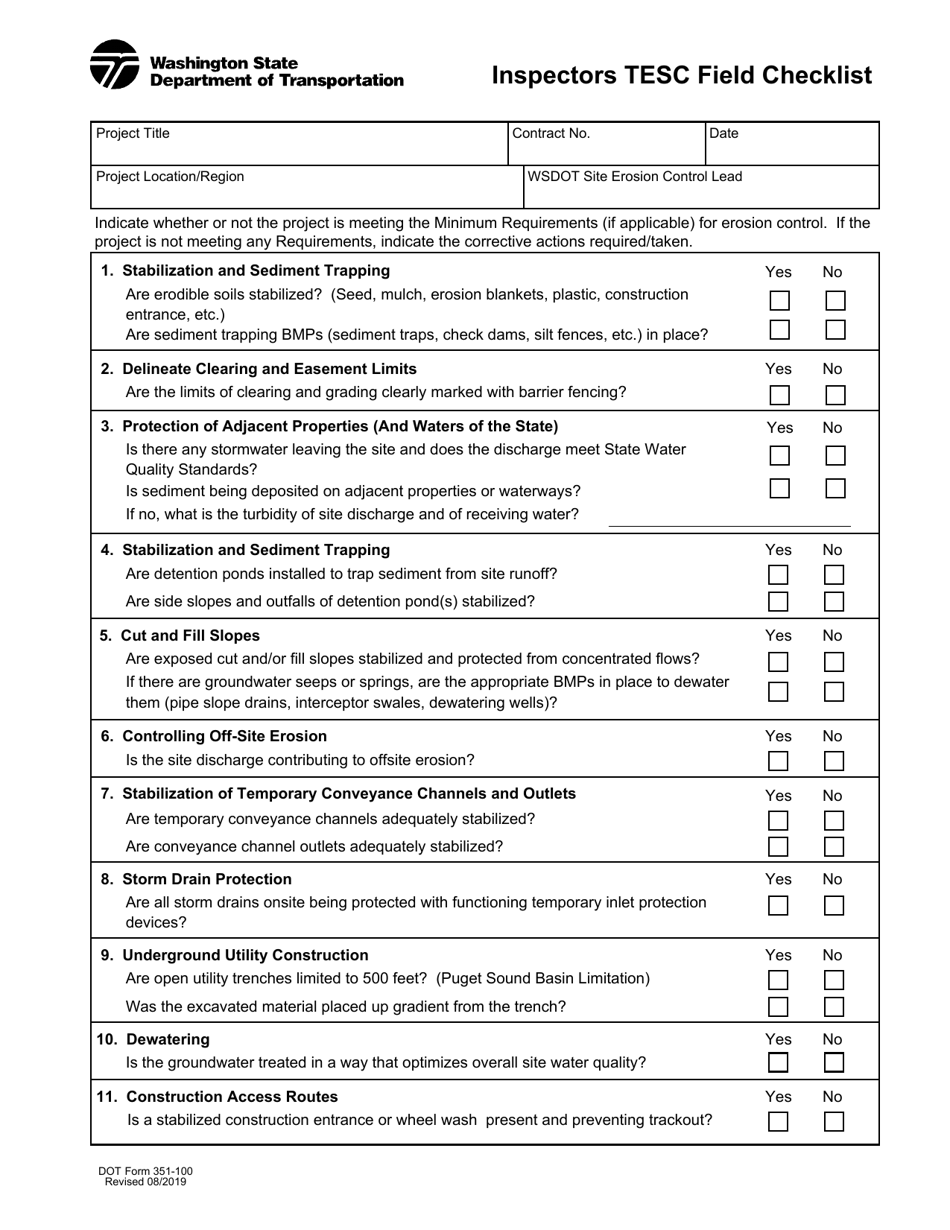 DOT Form 351-100 Inspectors Tesc Field Checklist - Washington, Page 1