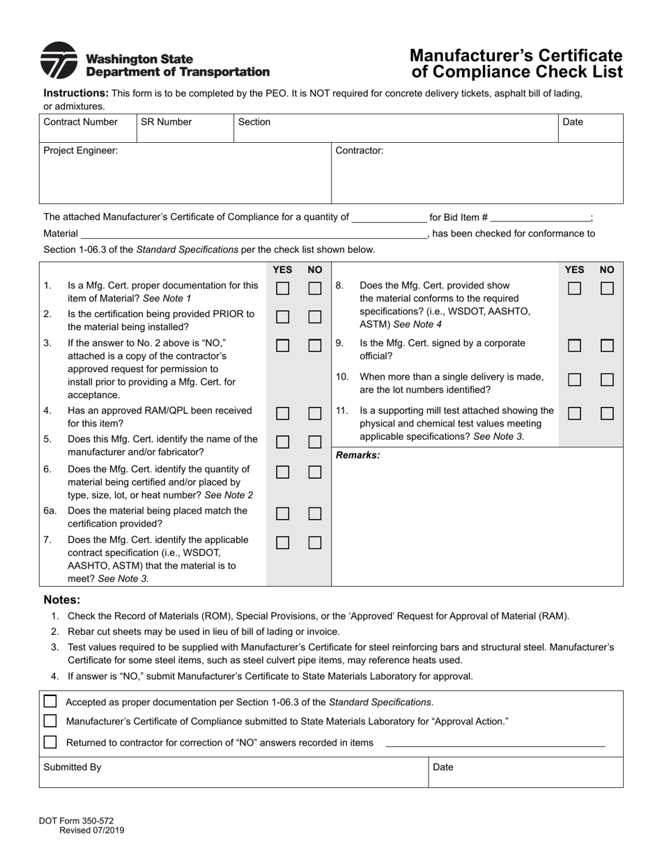 DOT Form 350-572 Manufacturers Certificate of Compliance Check List - Washington, Page 1