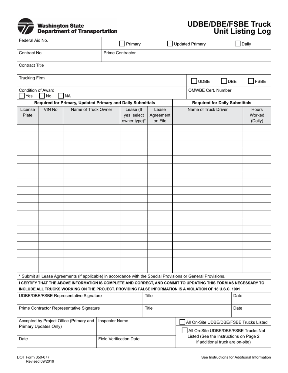 DOT Form 350-077 Udbe / Dbe / Fsbe Truck Unit Listing Log - Washington, Page 1