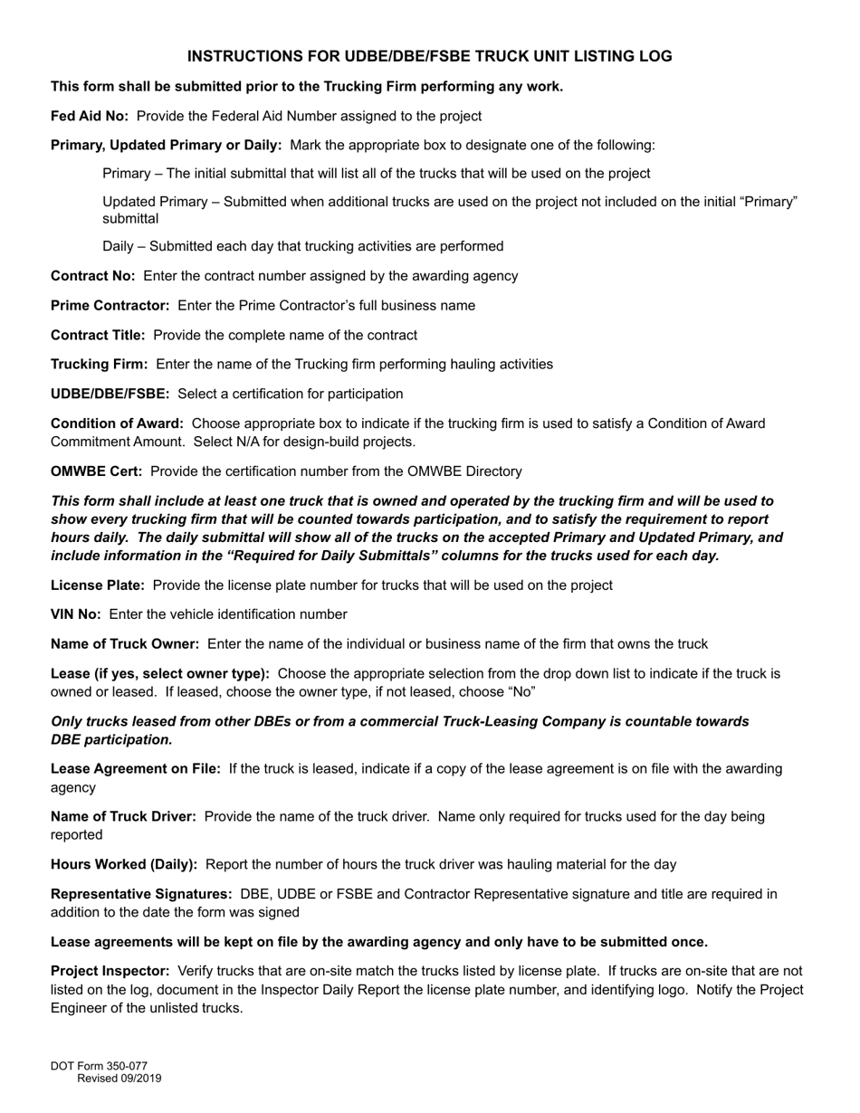 DOT Form 350-077 Udbe / Dbe / Fsbe Truck Unit Listing Log - Washington, Page 2