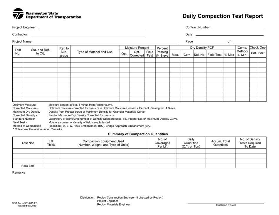 DOT Form 351-015 Daily Compaction Test Report - Washington, Page 1