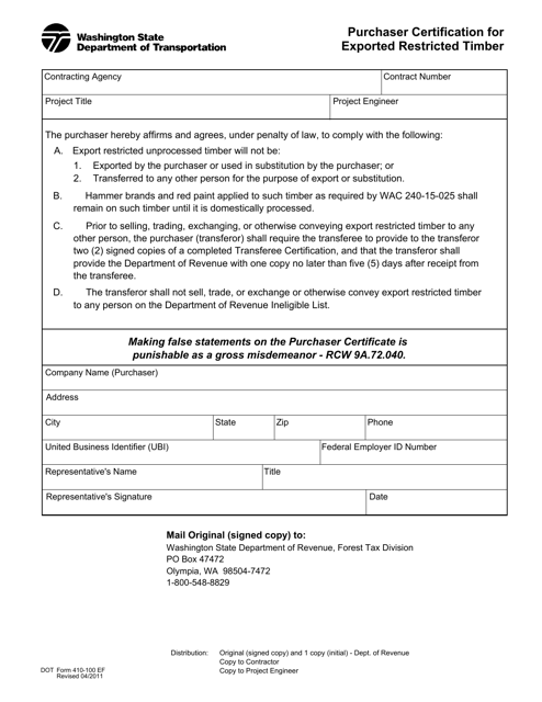 DOT Form 410-100 Purchaser Certification for Export Restricted Timber - Washington
