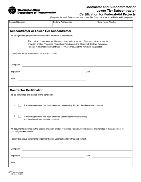DOT Form 420-004 Contractor and Subcontractor or Lower Tier Subcontractor Certification for Federal-Aid Projects - Washington