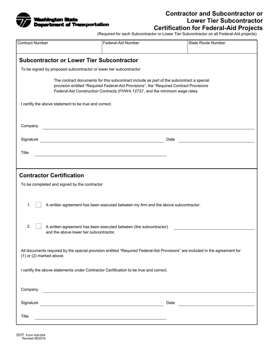 DOT Form 420-004 Contractor and Subcontractor or Lower Tier Subcontractor Certification for Federal-Aid Projects - Washington, Page 1