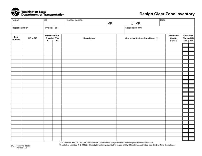 DOT Form 410-026 Design Clear Zone Inventory - Washington