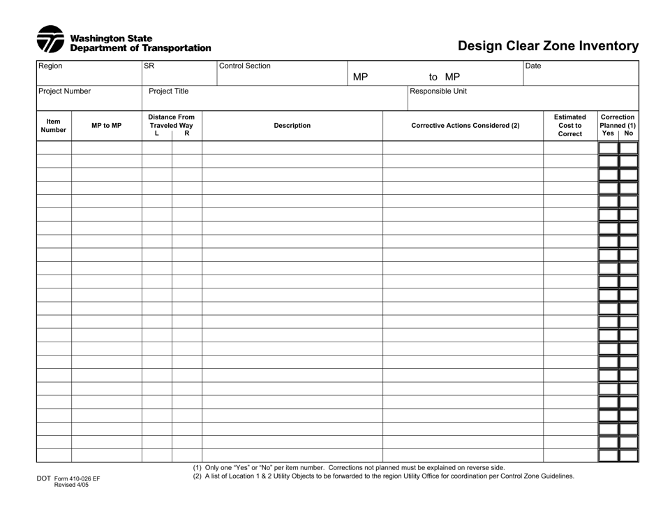 DOT Form 410-026 Design Clear Zone Inventory - Washington, Page 1