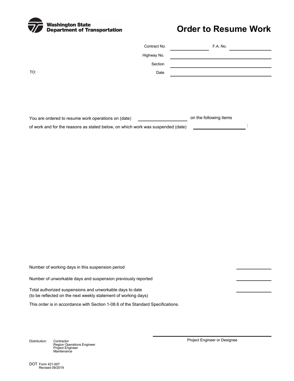 DOT Form 421-007 Order to Resume Work - Washington, Page 1