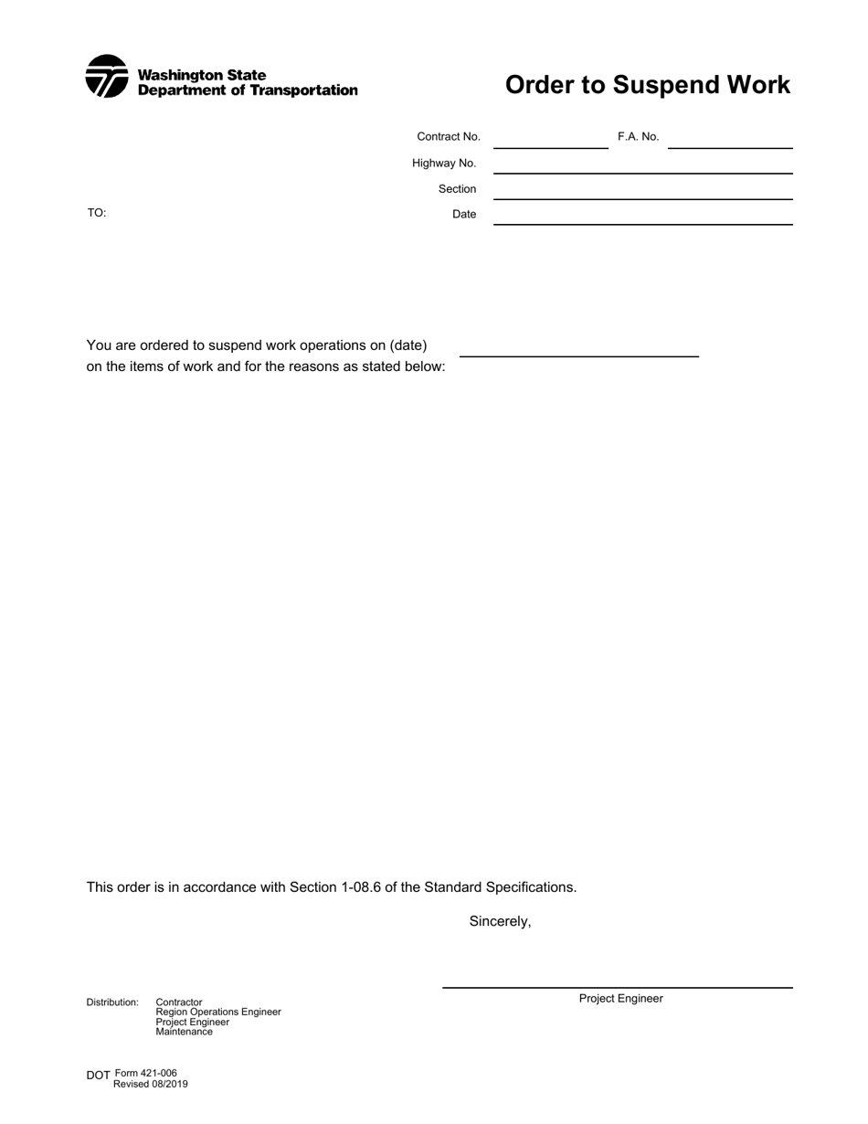 DOT Form 421-006 Order to Suspend Work - Washington, Page 1