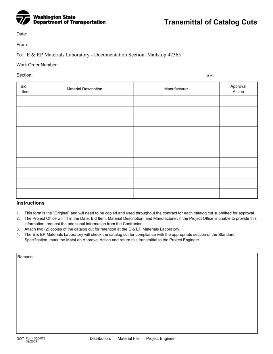 DOT Form 350-072 Transmittal of Catalog Cuts - Washington, Page 1