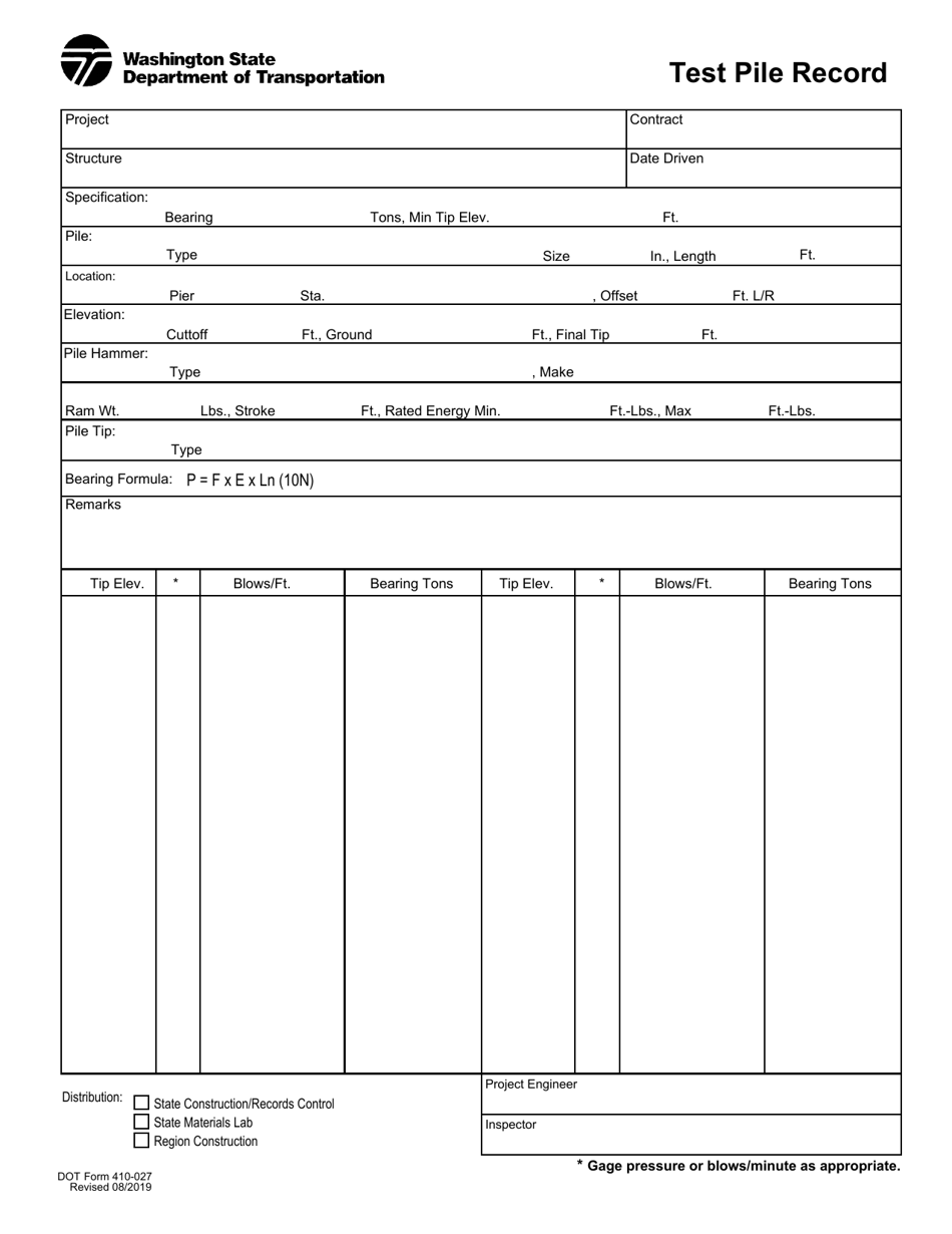 DOT Form 410-027 Test Pile Record - Washington, Page 1