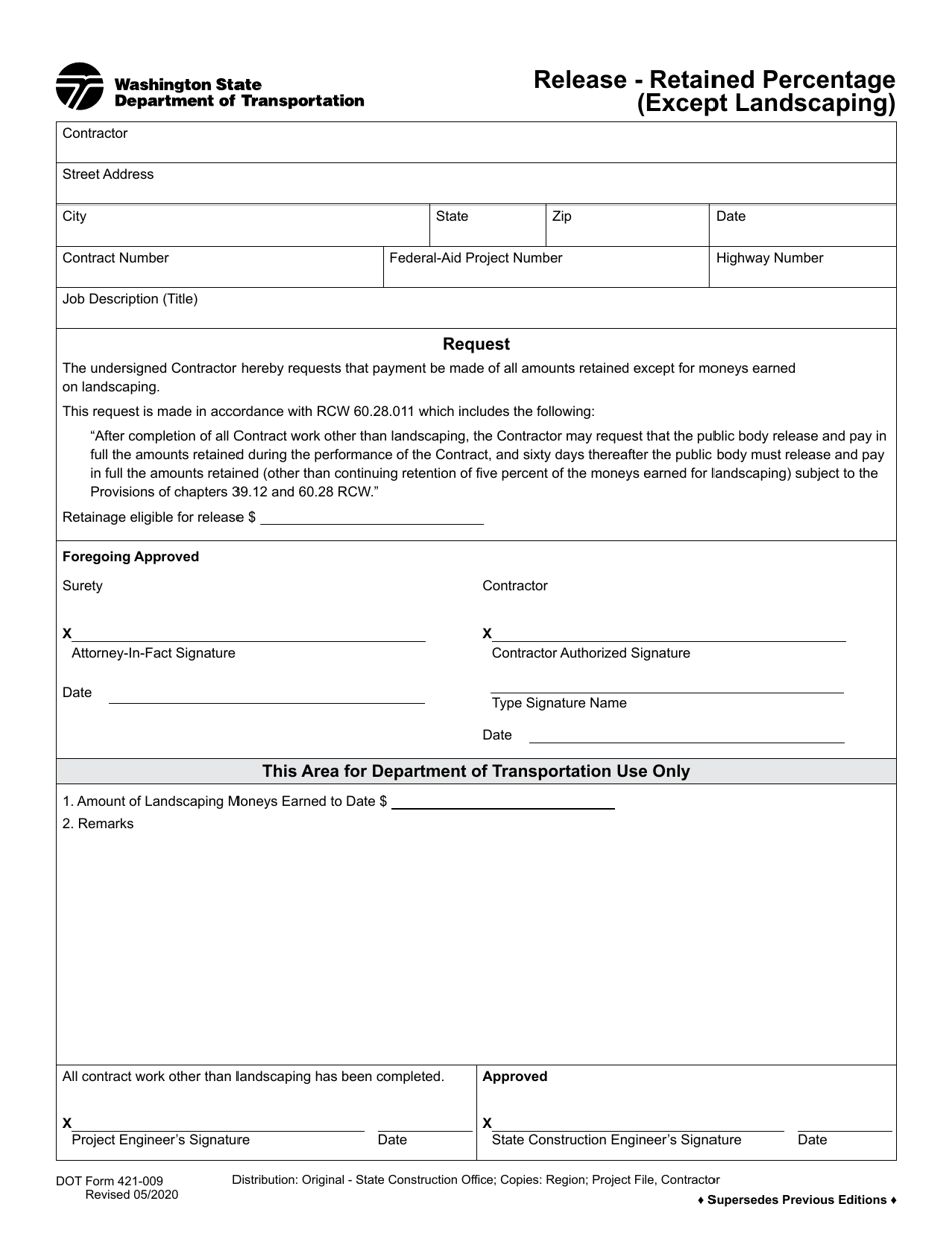 DOT Form 421-009 Release - Retained Percentage (Except Landscaping) - Washington, Page 1