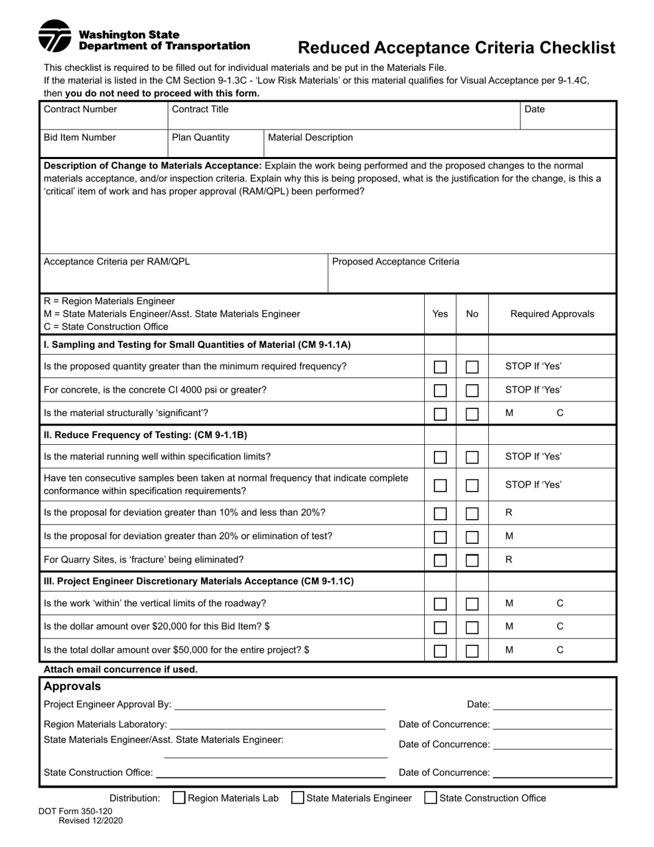 DOT Form 350-120 Reduced Acceptance Criteria Checklist - Washington, Page 1