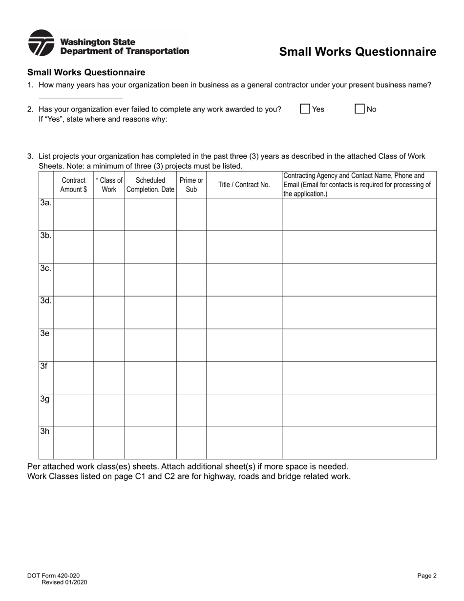 DOT Form 420-020 Small Works Questionnaire - Washington, Page 3