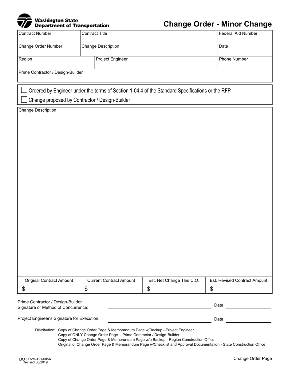 DOT Form 421-005A Change Order - Minor Change - Washington, Page 1