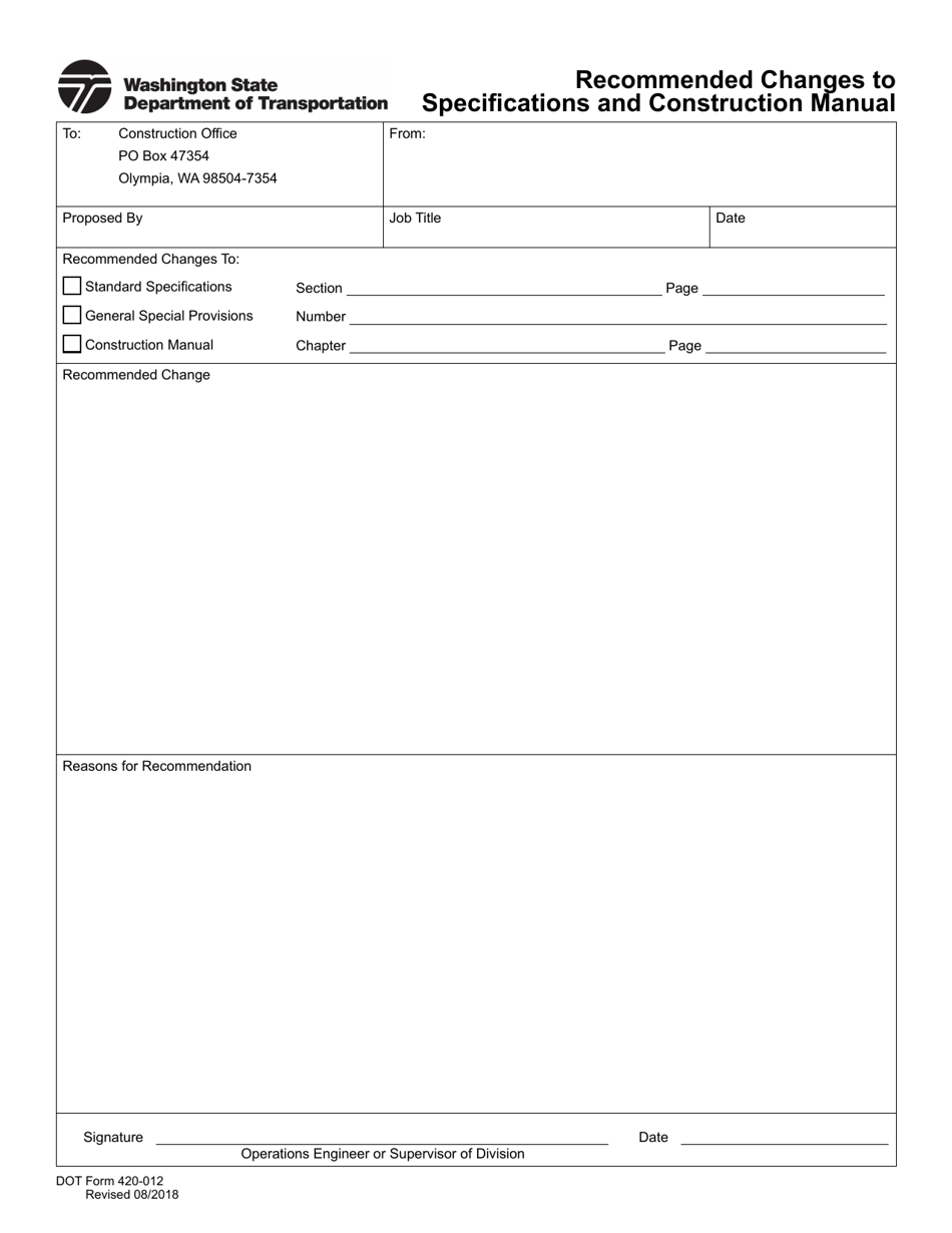 DOT Form 420-012 Recommended Changes in the Standard Specifications - Washington, Page 1