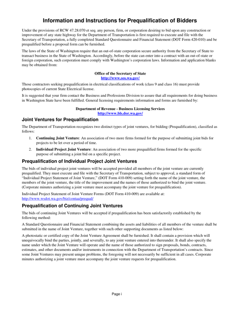 DOT Form 420-010 Standard Questionnaire and Financial Statement - Washington