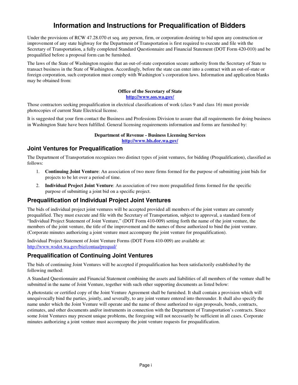 DOT Form 420-010 Standard Questionnaire and Financial Statement - Washington, Page 1