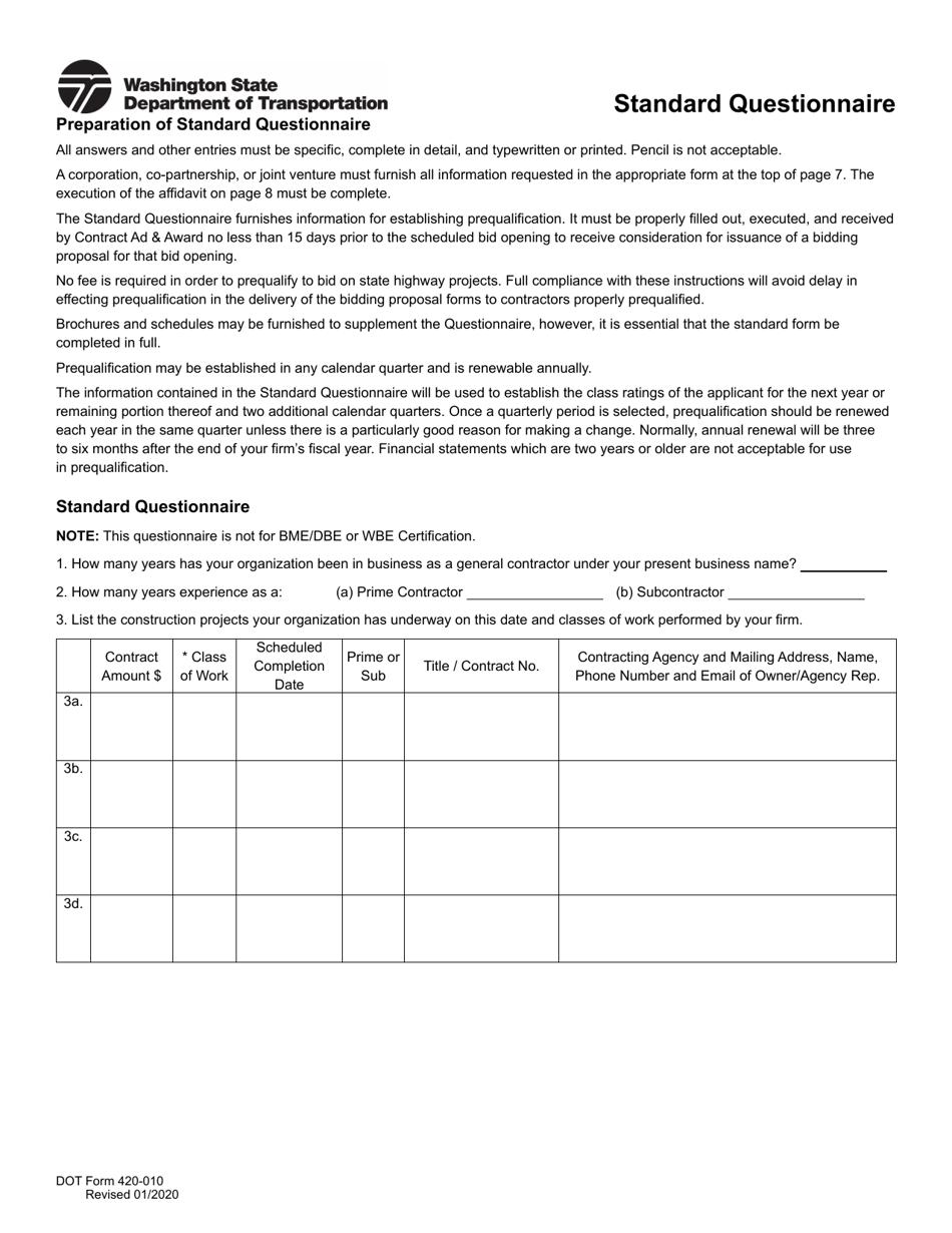 DOT Form 420-010 Standard Questionnaire and Financial Statement - Washington, Page 4