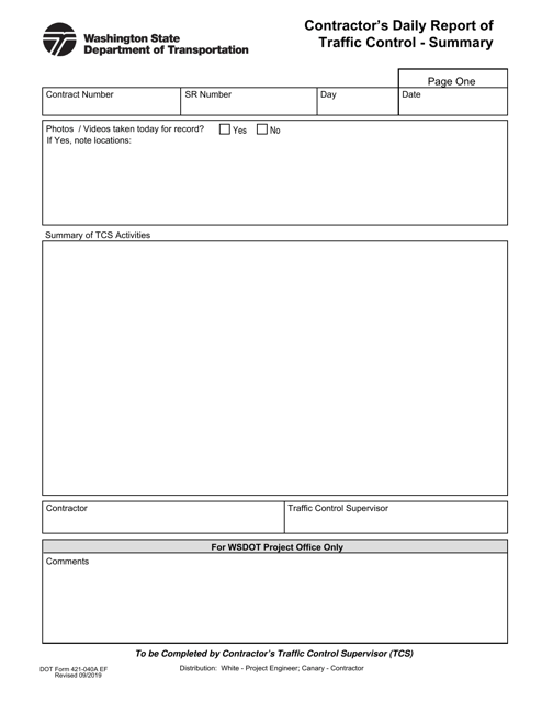DOT Form 421-040A Contractor's Daily Report of Traffic Control - Summary - Washington