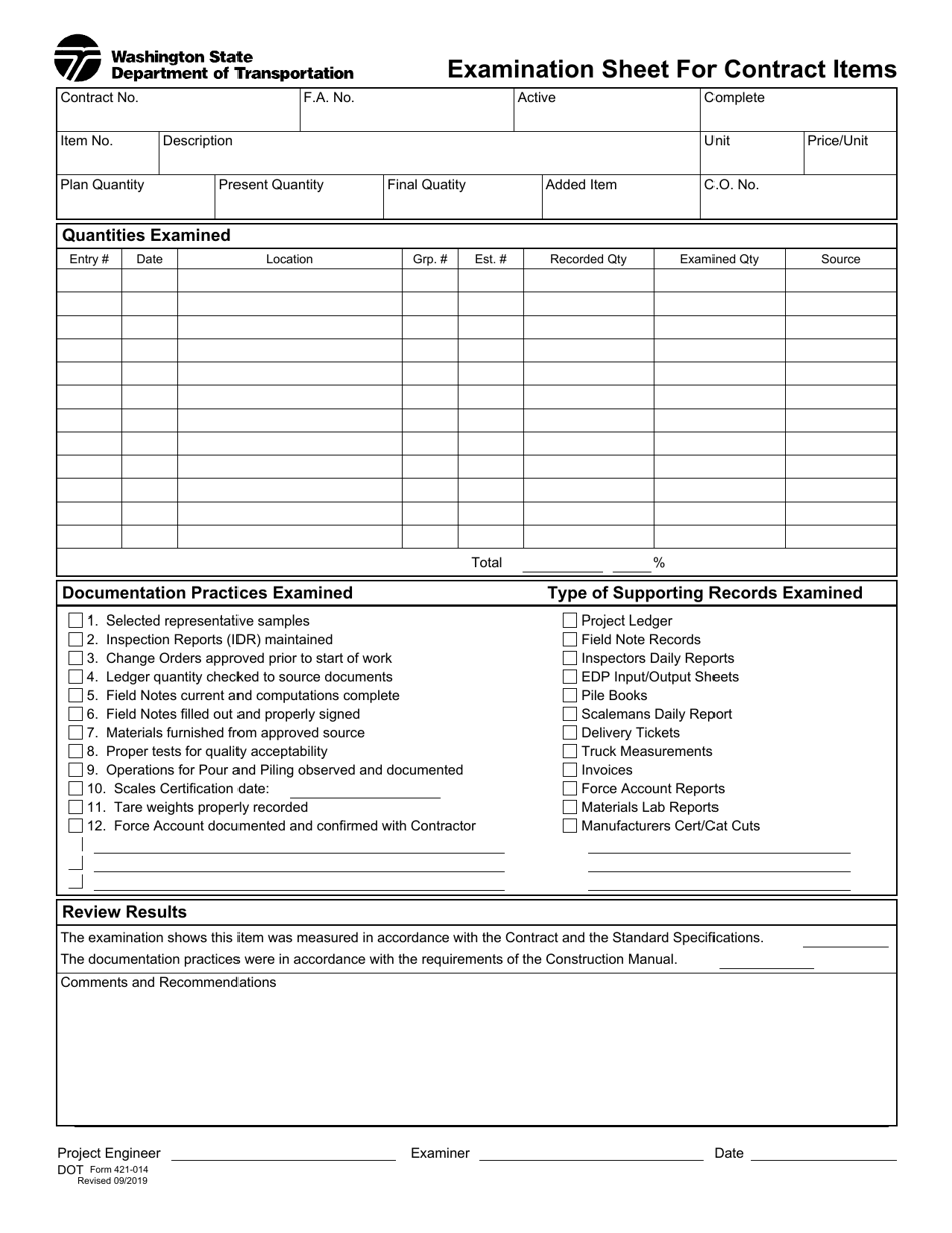 DOT Form 421-014 Examination Sheet for Contract Items - Washington, Page 1