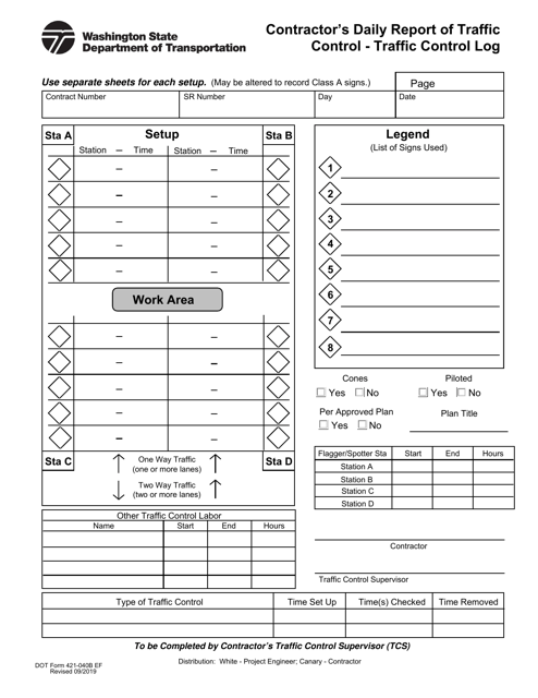 DOT Form 421-040B Contractor's Daily Report of Traffic Control - Traffic Control Log - Washington