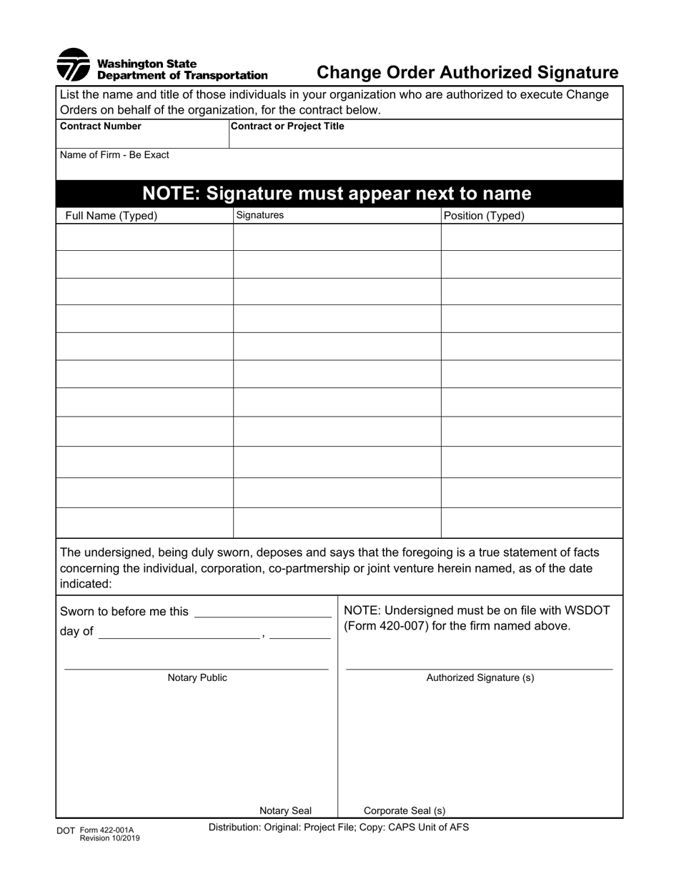 DOT Form 422-001A Change Order Authorized Signature - Washington, Page 1