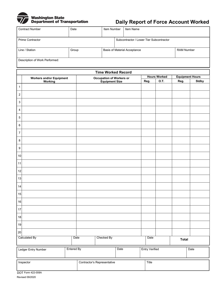 DOT Form 422-008A Daily Report of Force Account Worked - Washington, Page 1