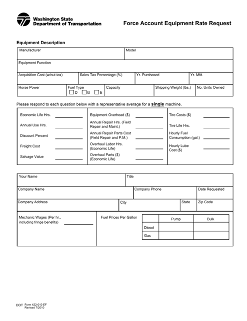 DOT Form 422-010 Force Account Equipment Rate Request - Washington