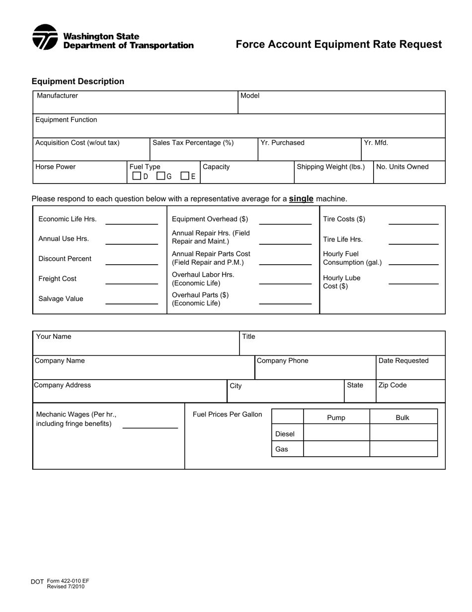 DOT Form 422-010 Force Account Equipment Rate Request - Washington, Page 1