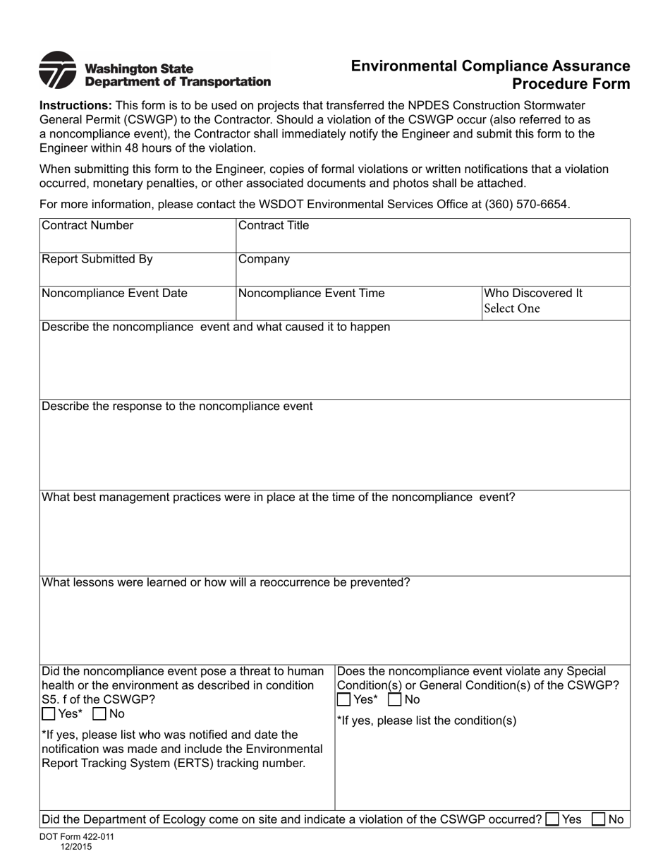 DOT Form 422-011 Environmental Compliance Assurance Procedure Form - Washington, Page 1