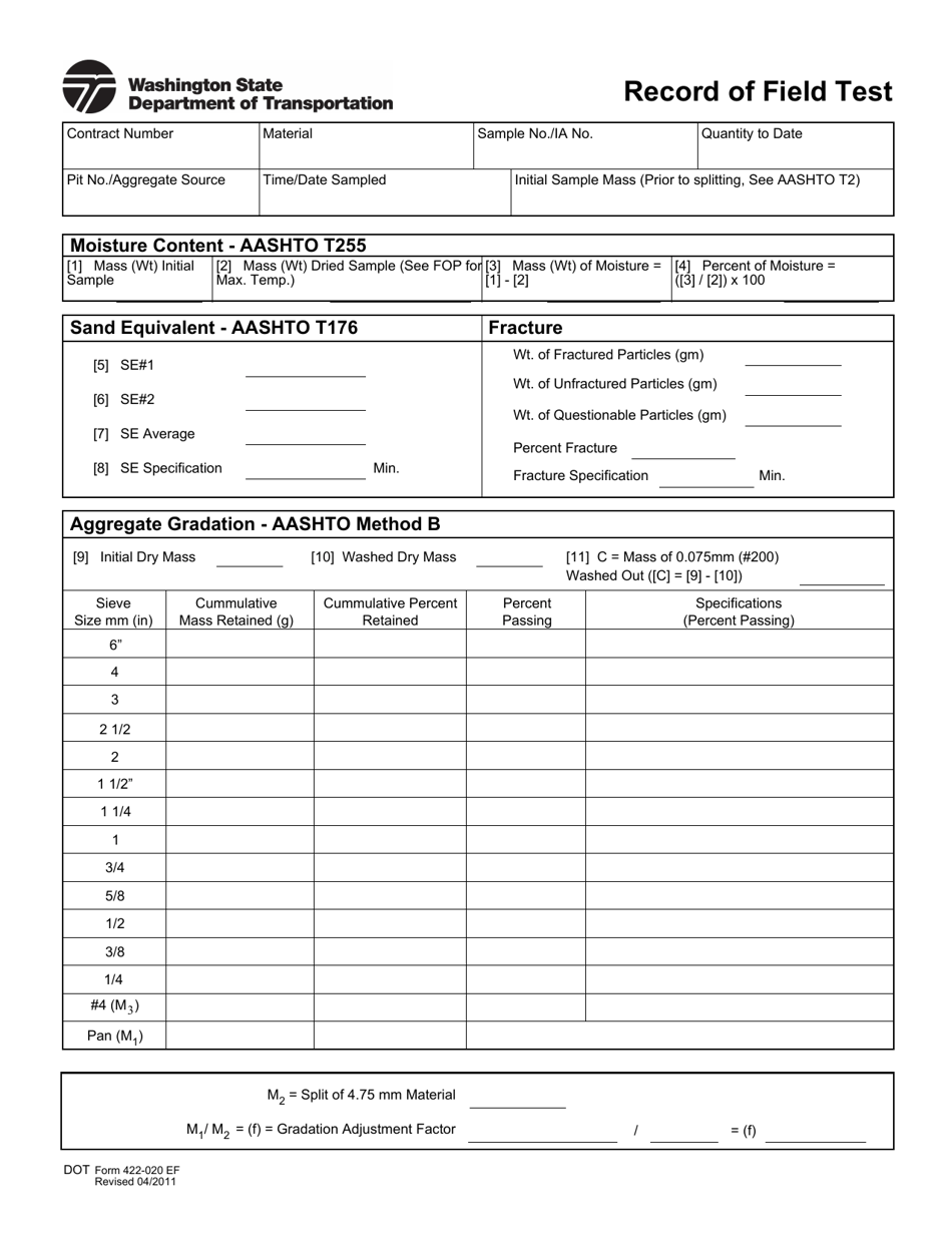 DOT Form 422-020 Record of Field Test - Washington, Page 1