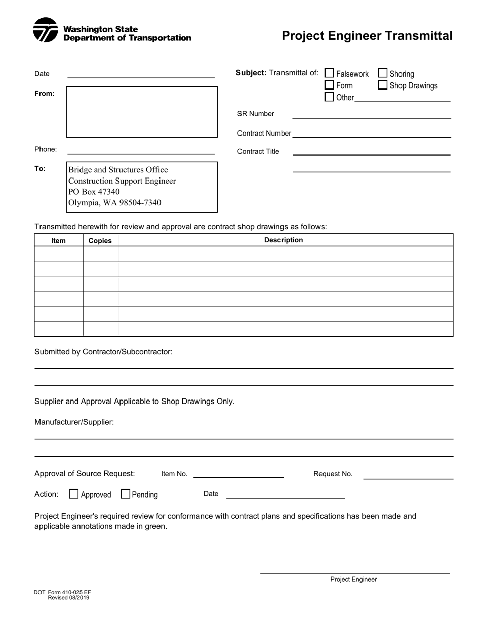 DOT Form 410-025 Project Engineer Transmittal - Washington, Page 1