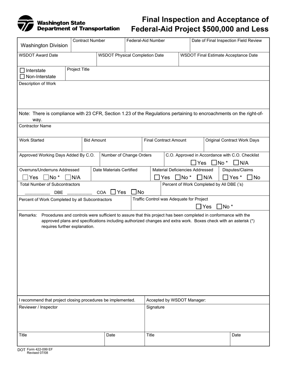 DOT Form 422-099 Final Inspection and Acceptance of Federal-Aid Project Under $500,000 and Less - Washington, Page 1