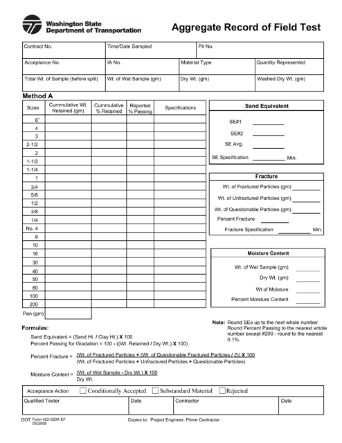 DOT Form 422-020A Aggregate Record of Field Test - Washington