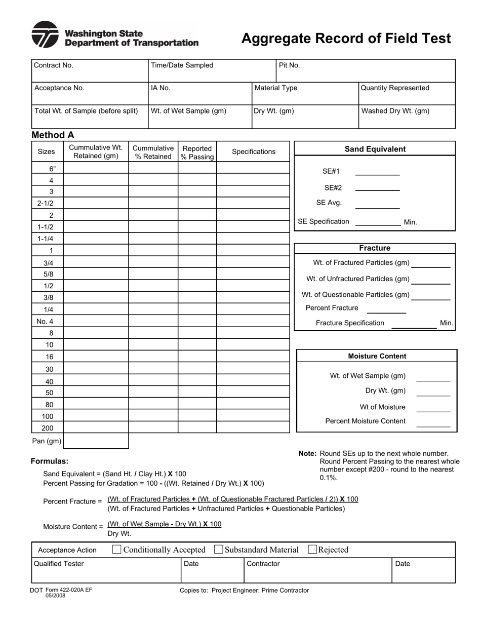 DOT Form 422-020A Aggregate Record of Field Test - Washington, Page 1