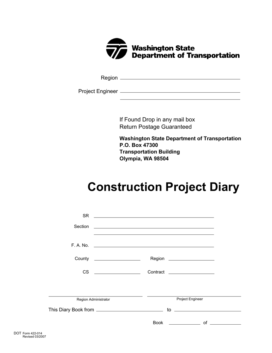 DOT Form 422-014 Construction Project Diary - Washington, Page 1