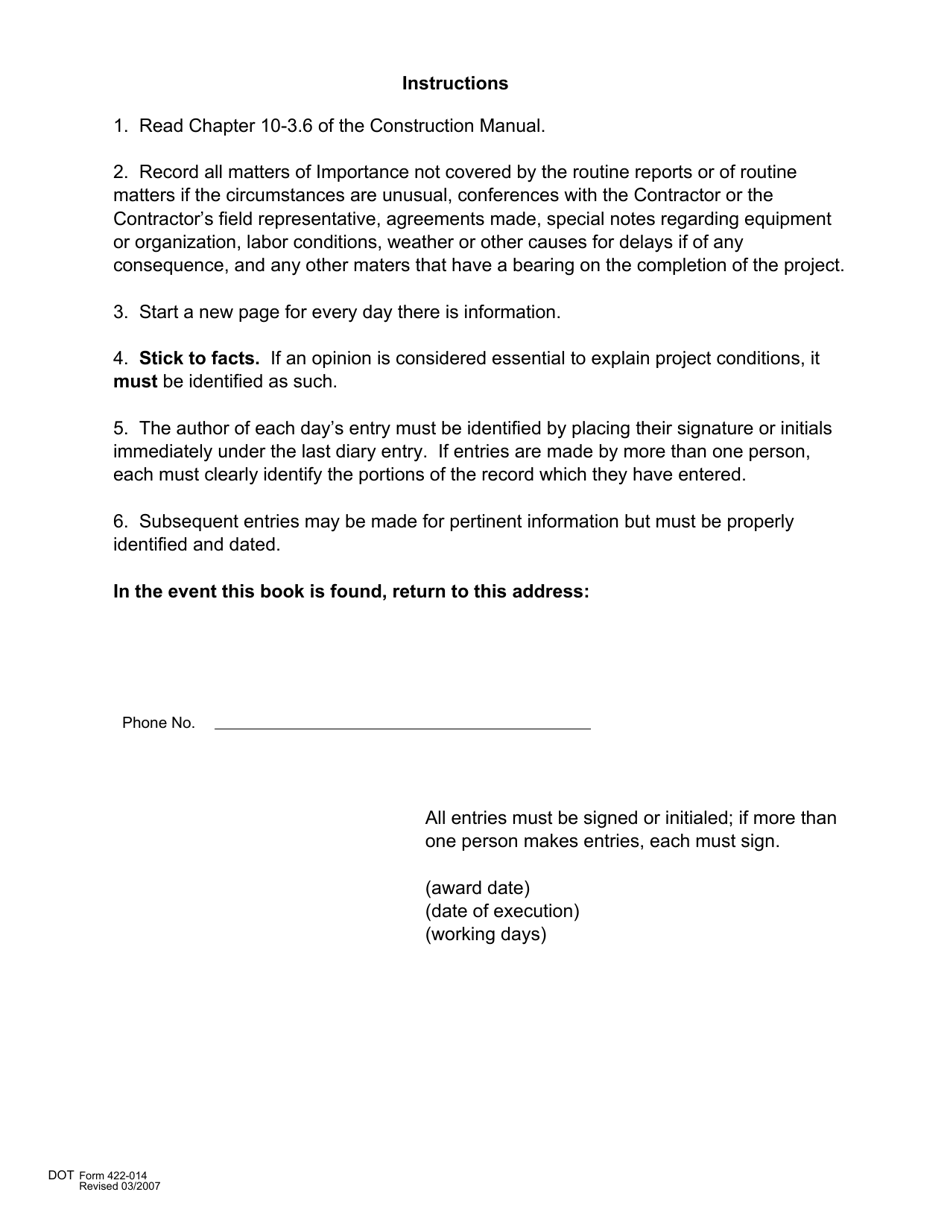 DOT Form 422-014 Construction Project Diary - Washington, Page 2