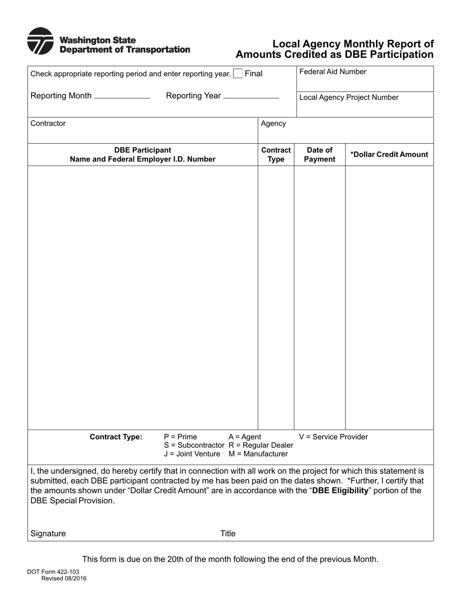 DOT Form 422-103 Local Agency Monthly Report of Amounts Credited as Dbe Participation - Washington, Page 1