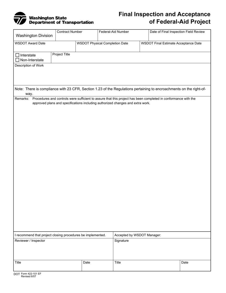 DOT Form 422-101 Final Inspection and Acceptance of Federal-Aid Project - Washington, Page 1
