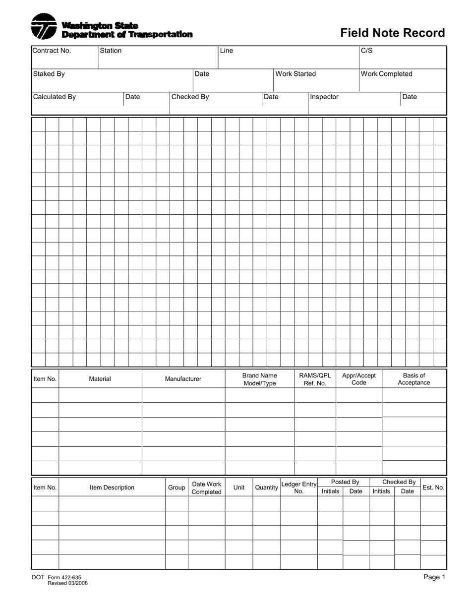 DOT Form 422-635 Field Note Record - Washington, Page 1