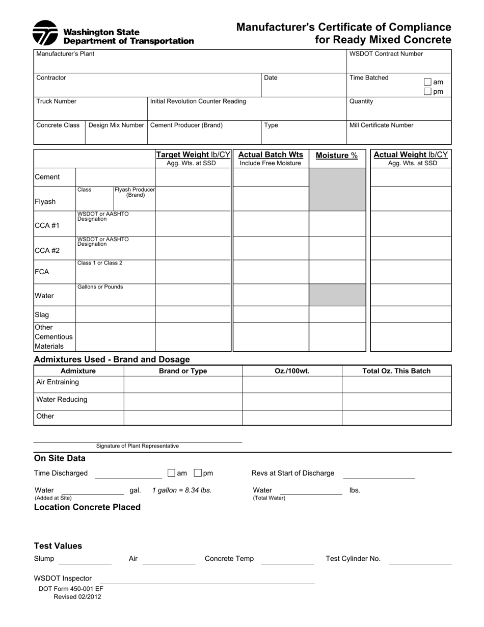 DOT Form 450-001 Manufacturers Certificate of Compliance for Ready Mixed Concrete - Washington, Page 1
