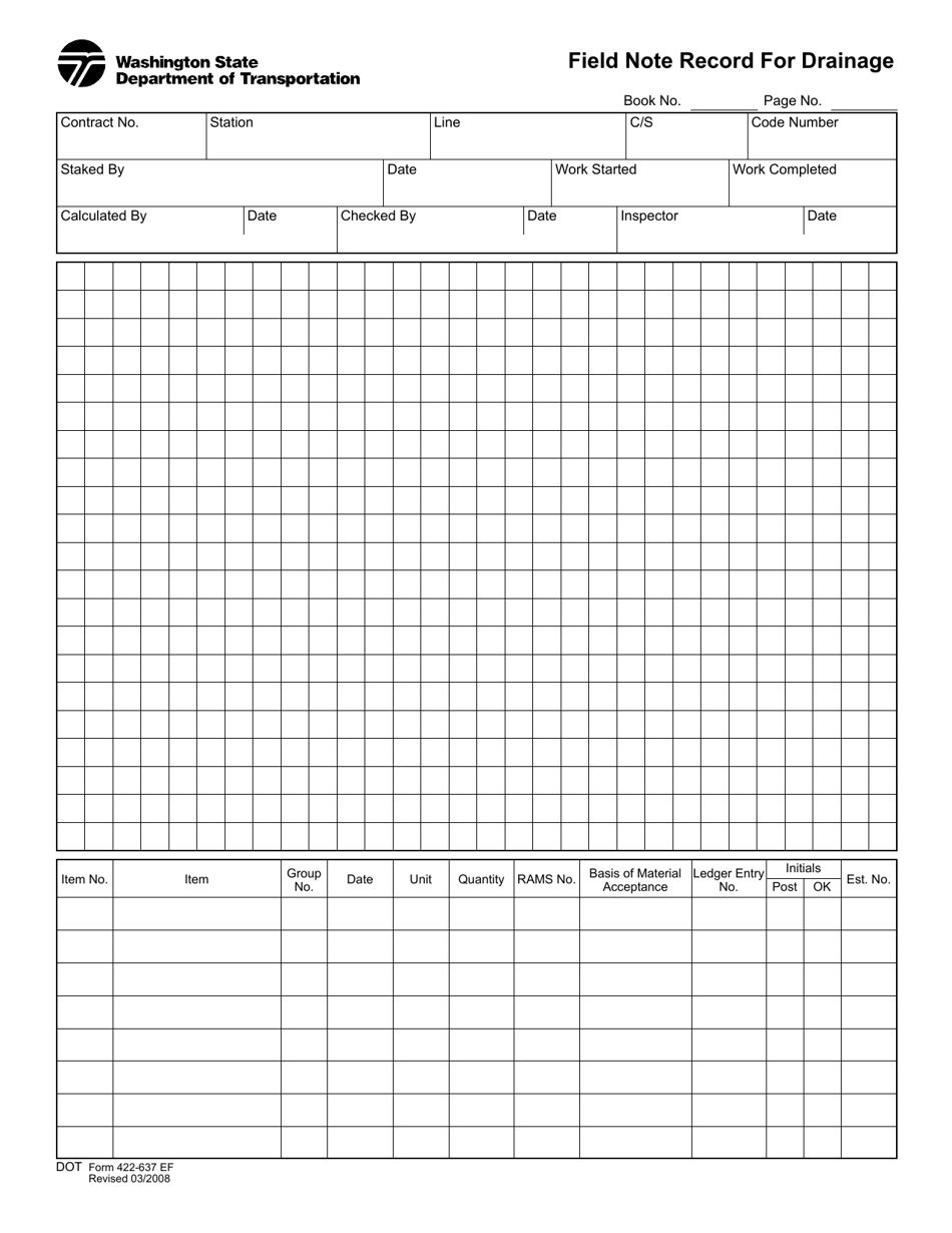 DOT Form 422-637 Field Note Record for Drainage - Washington, Page 1