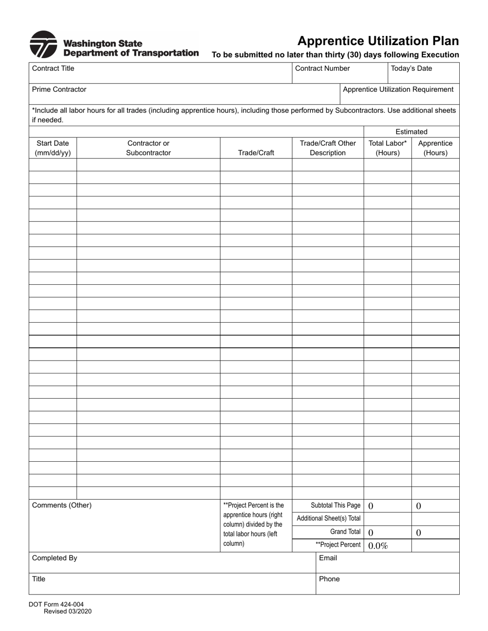 DOT Form 424-004 Apprentice Utilization Plan - Washington, Page 1