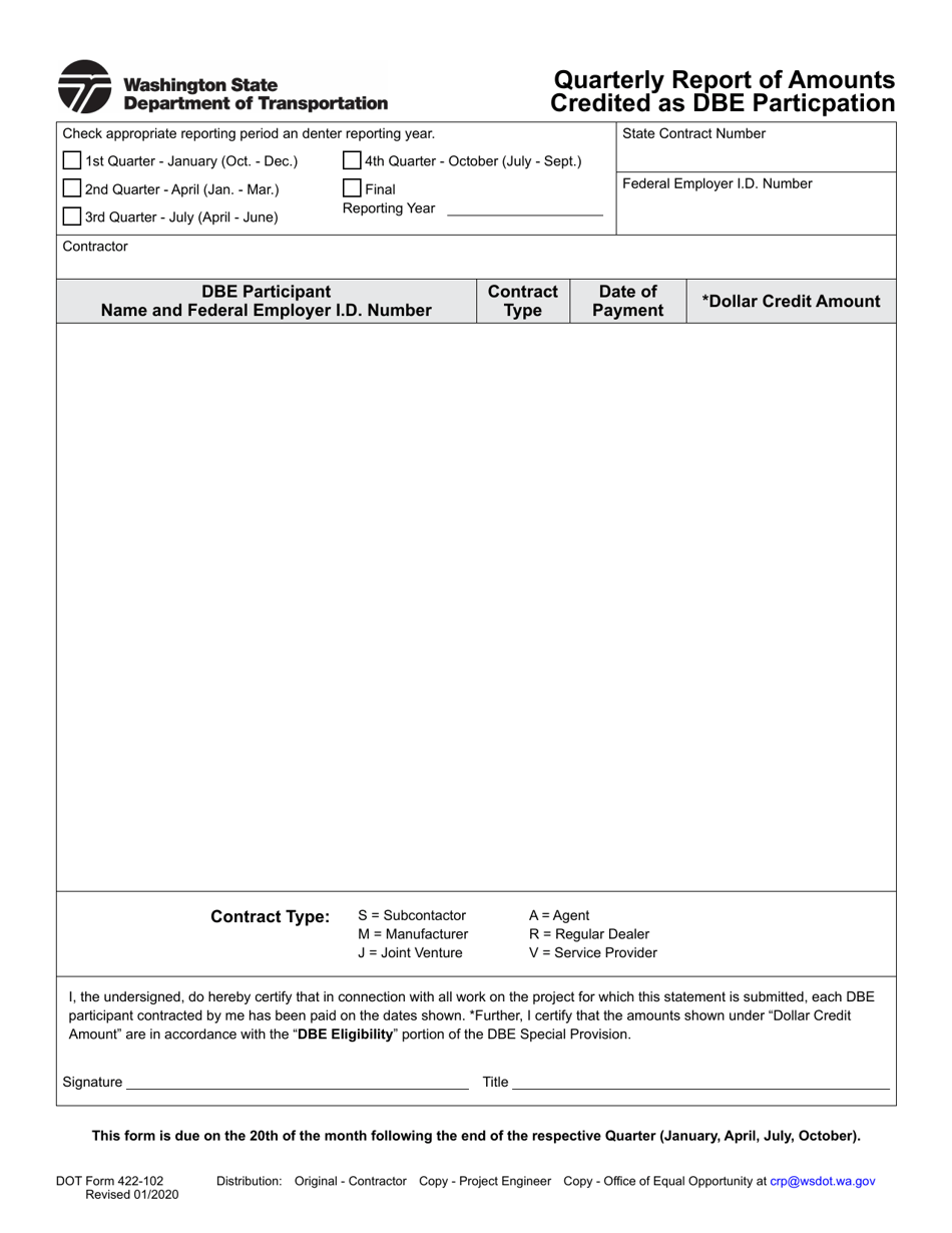 DOT Form 422-102 Quarterly Report of Amounts Credited as Dbe Participation - Washington, Page 1
