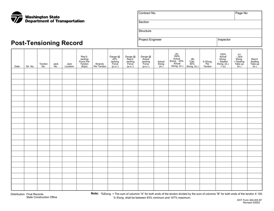 DOT Form 450-005 Post-tensioning Record - Washington, Page 1